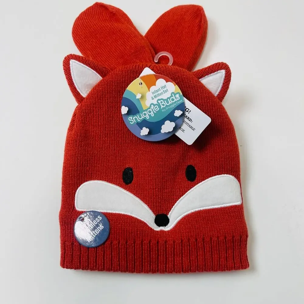 Snuggle Buds Infant‎ Hat & Thumbless Mitten Set Knitted Cute Baby Fox Hat 0-12m